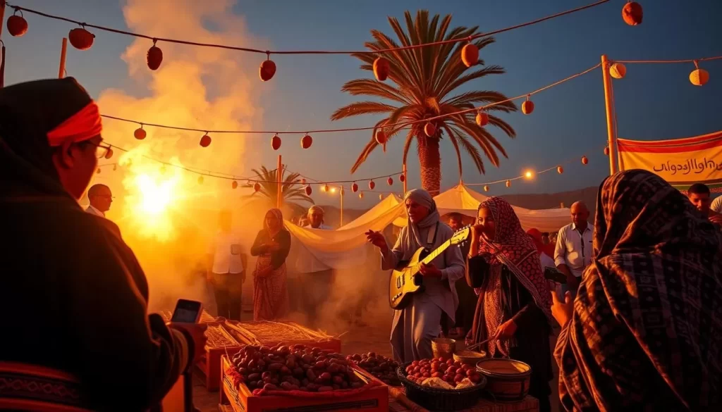 Generate an image of the date harvest celebration in Taghit, featuring community generosity, traditional music, and a glimpse into pre-modern Saharan culture.