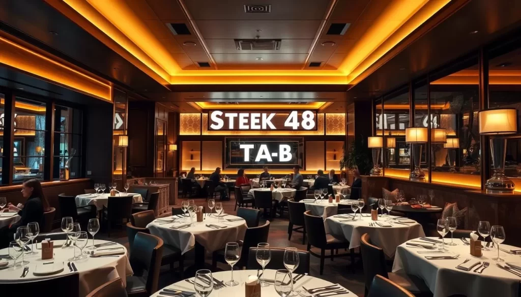 Generate an image of the dining area at Steak48 in Beverly Hills.