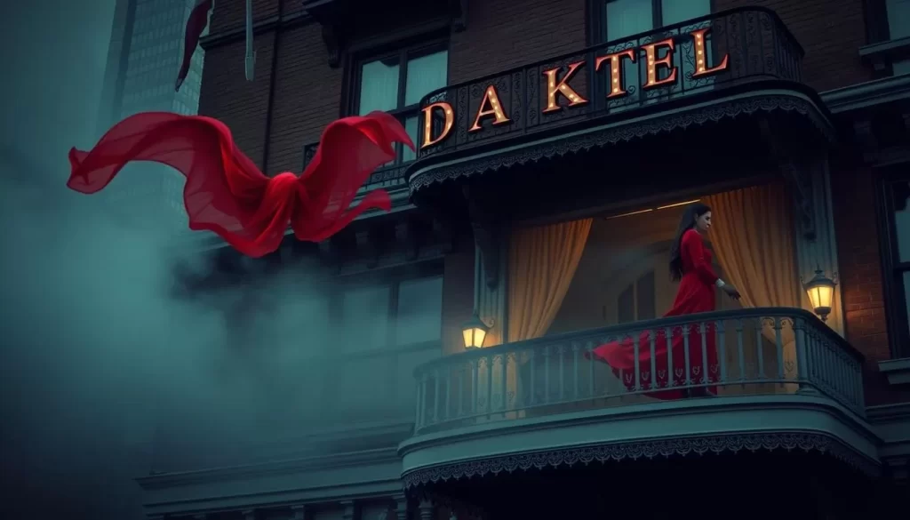 Generate an image of the elegant Drake Hotel with a ghostly figure in red floating near the 10th floor.