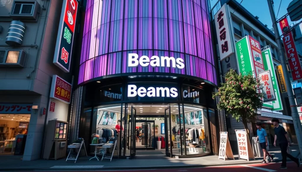 Generate an image of the exterior of Beams Harajuku store, showcasing its unique architecture and vibrant surroundings.