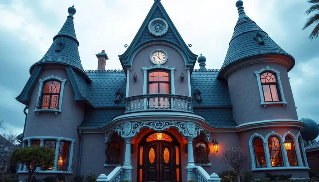 Generate an image of the exterior of Beetle House LA, capturing its unique, Tim Burton-inspired architecture.