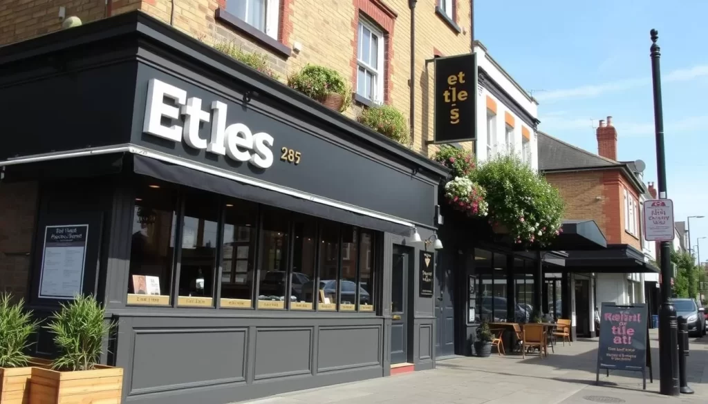 Generate an image of the exterior of Etles restaurant in Walthamstow, London.