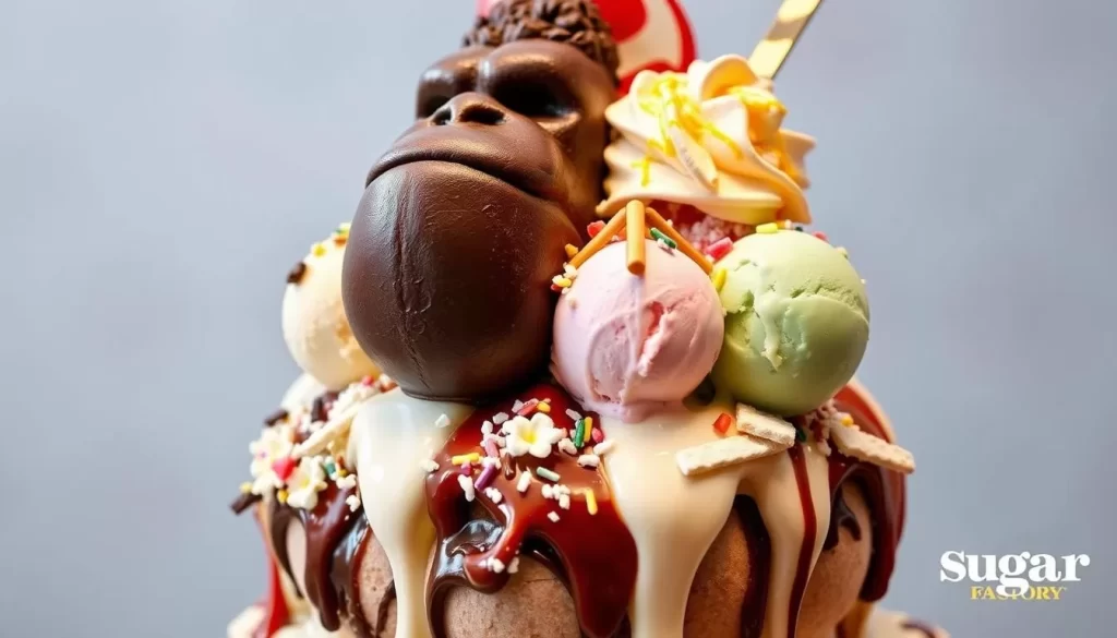 Generate an image of the famous King Kong Sundae from Sugar Factory, featuring multiple scoops of <strong>ice cream</strong> and assorted toppings.
