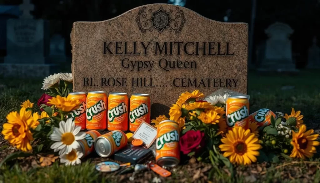 Generate an image of the grave of Kelly Mitchell, known as the "Gypsy Queen," in Rose Hill Cemetery, with offerings including cans of Crush orange soda.