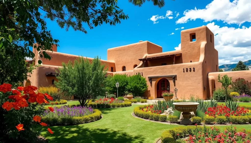 Generate an image of the historic Martinez Hacienda in Taos, New Mexico, showcasing its adobe architecture and beautiful gardens.
