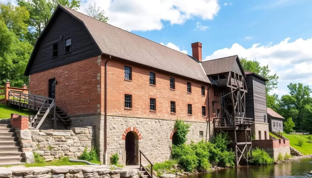 Generate an image of the historic Pickwick Mill in Winona, Minnesota, showcasing its architecture and surroundings.