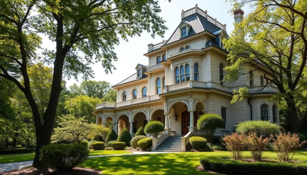 Generate an image of the historic Riverview at Hobson Grove mansion, showcasing its Italianate-style architecture and picturesque surroundings.