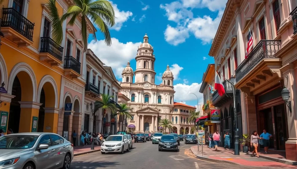Generate an image of the historic center in Zone 1, Guatemala City, showcasing its colonial architecture and bustling streets.