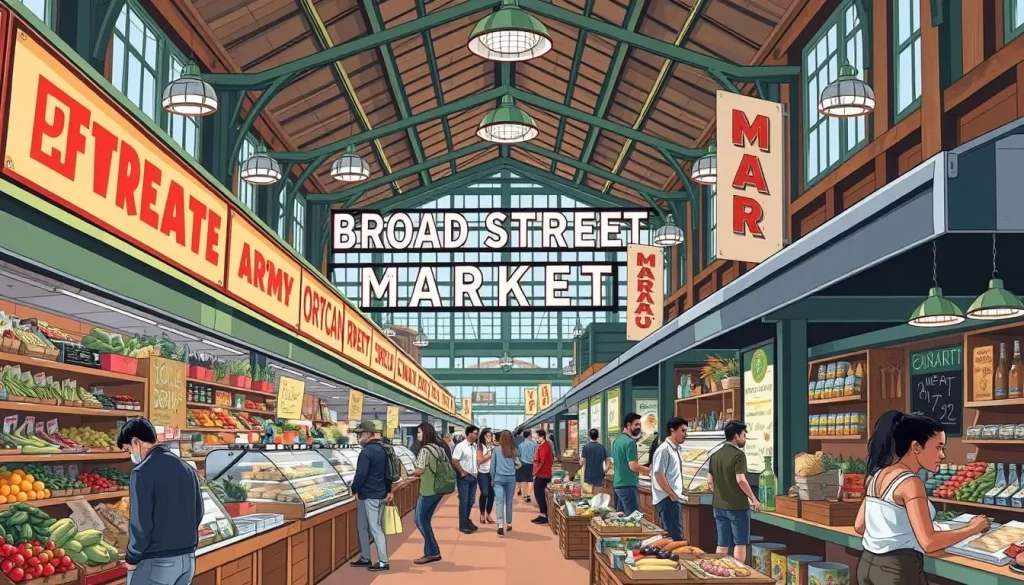 Generate an image of the interior of Broad Street Market, showcasing various vendors and products.