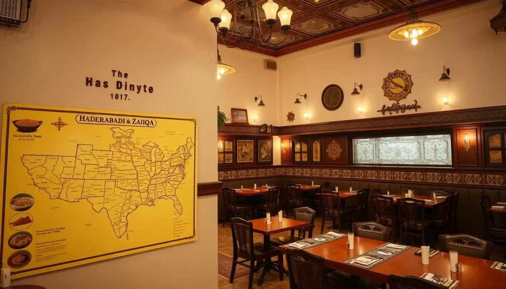 Generate an image of the interior of Haderabadi Zaiqa, focusing on its décor and the map highlighting regional biryanis.