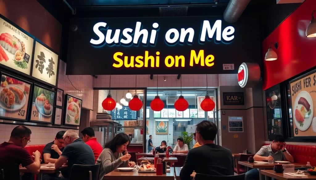 Generate an image of the interior of Sushi on Me in Jackson Heights, capturing its lively atmosphere.