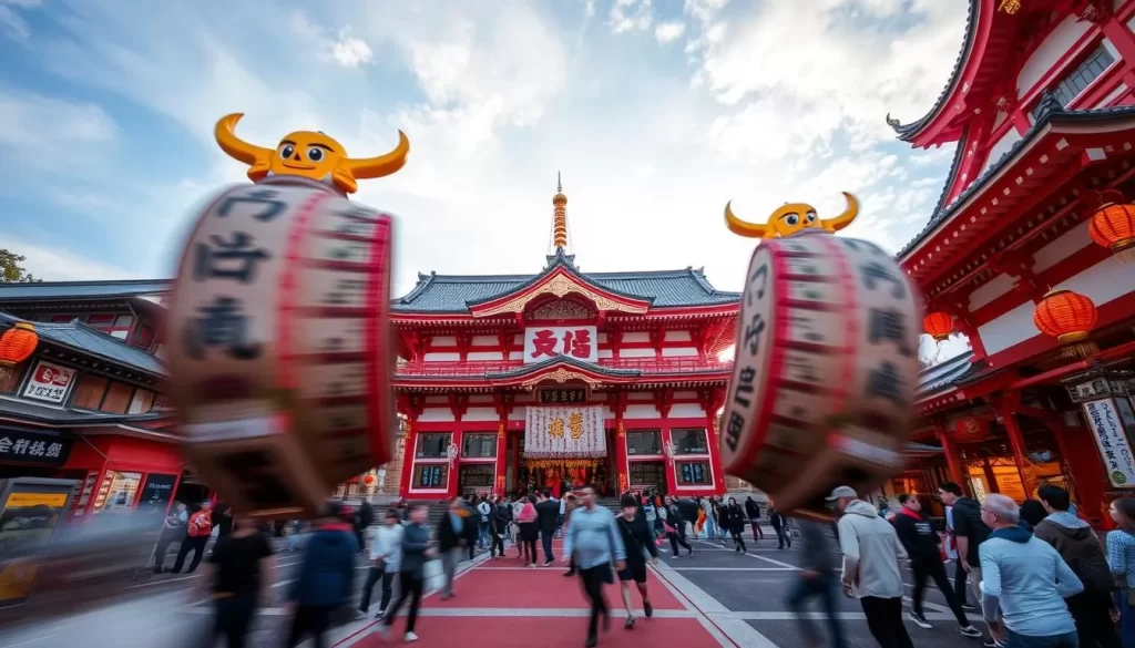 Generate an image of the massive tatemon structures being rotated in front of Suwa Shrine during the Tatemon Festival.