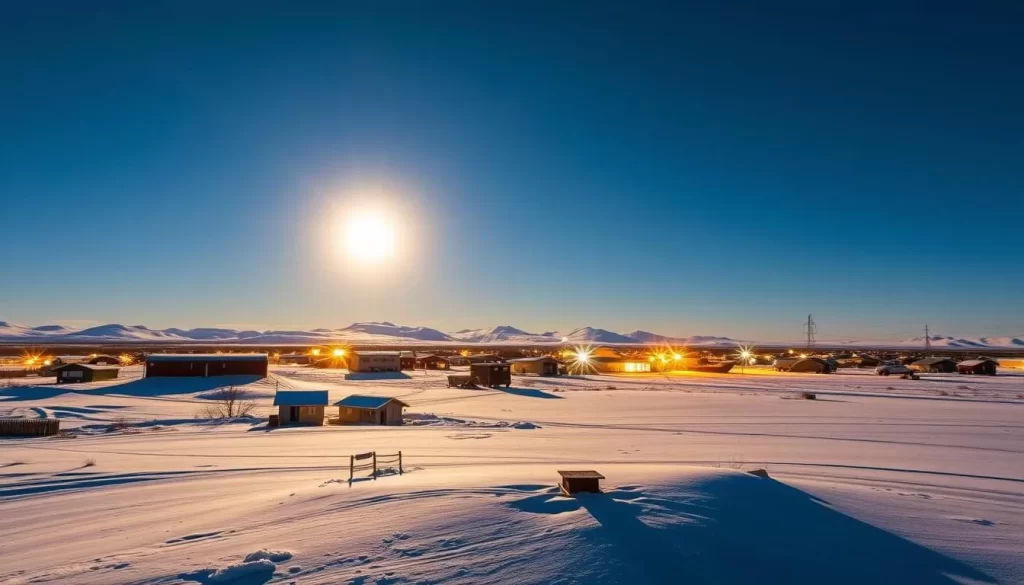 Generate an image of the midnight sun over Inuvik, Northwest Territories, with the sun visible above the horizon at midnight.