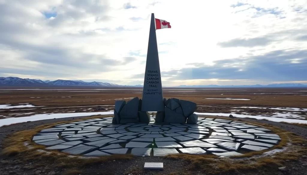 Generate an image of the monument marking the northern terminus of the Trans Canada Trail in Tuktoyaktuk, Northwest Territories.