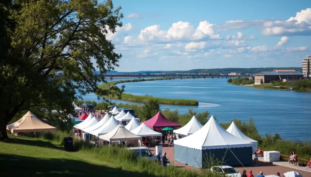 Generate an image of the riverside tents against the backdrop of the South Saskatchewan River during Shakespeare on the Saskatchewan.