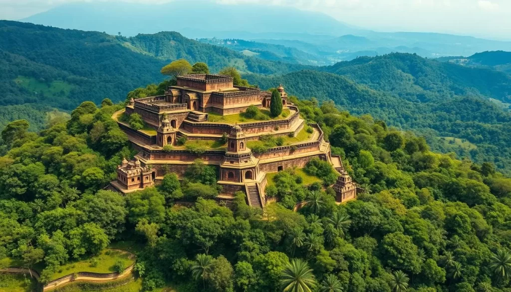Generate an image of the sacred hill of Ambohimanga, showcasing its fortified royal settlement and surrounding forests.