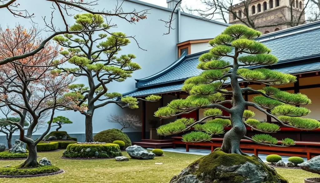 Generate an image of the serene Shunkaen Bonsai Museum in Tokyo, showcasing its tranquil garden and exquisite bonsai specimens.