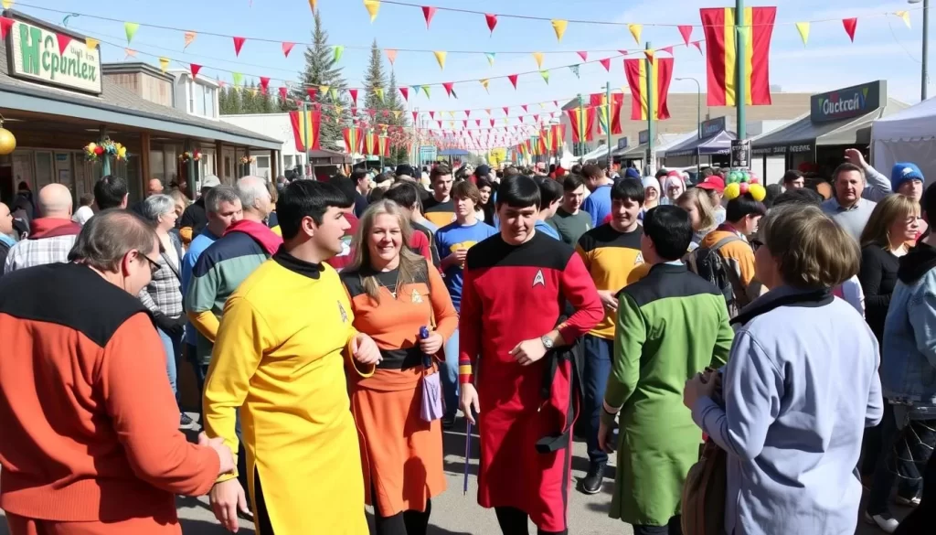 Generate an image of the town of Vulcan, Alberta, during Spock Days, with people dressed in Star Trek costumes and enjoying the festivities.