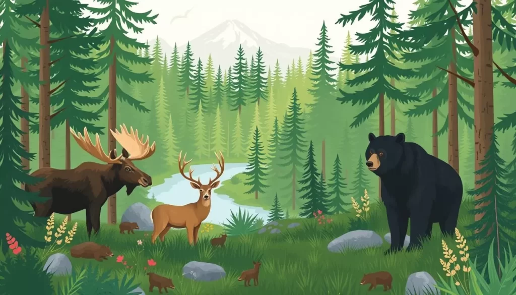 Generate an image of wildlife such as moose, deer, or black bears in their natural habitat in the northern woods around Swan River.