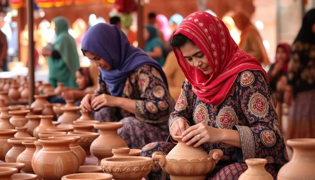 Generate an image of women artisans creating pottery at the Ath Khlili Pottery Festival.