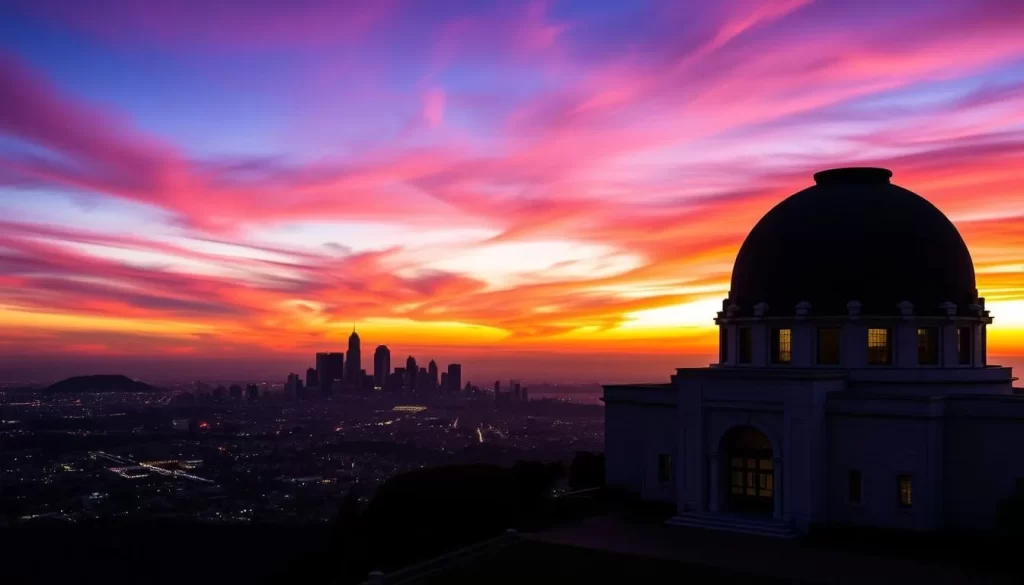 Griffith Observatory at sunset with the Los Angeles skyline