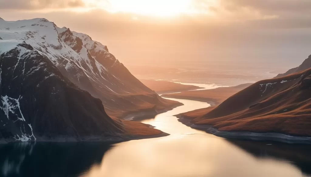 Grise Fiord fjords, a captivating landscape nestled in the heart of the Canadian Arctic. Towering glaciers and snow-capped peaks reflect in the calm, mirror-like waters of the fjord. In the foreground, rugged cliffs rise majestically, adorned with a dusting of fresh snow. The middle ground features a serene, winding waterway surrounded by rolling hills blanketed in autumnal hues. The background is dominated by a vast, icy expanse, with the warm glow of the sun casting a soft, ethereal light across the scene. The overall mood is one of tranquility and awe-inspiring natural beauty.
