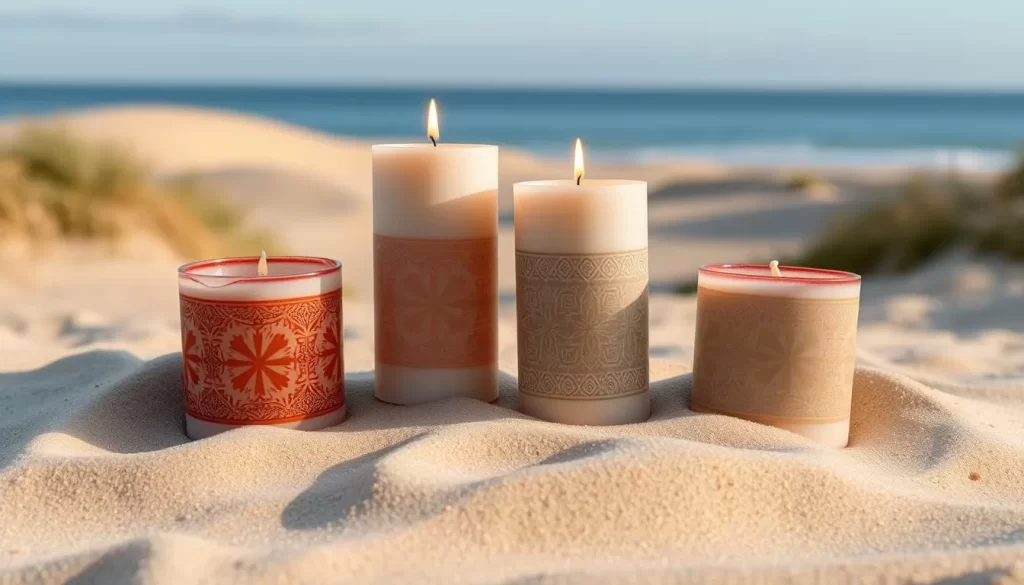 High-quality handcrafted candles with intricate patterns, resting atop a bed of pristine, golden PEI sand. The candles are set against a softly diffused, natural light, showcasing their exquisite craftsmanship and organic textures. In the background, a serene coastal backdrop of rolling dunes and a tranquil, azure ocean horizon. The overall scene evokes a sense of rustic charm and seaside tranquility, perfectly capturing the essence of unique, locally-sourced souvenirs found in the charming town of Victoria-by-the-Sea.