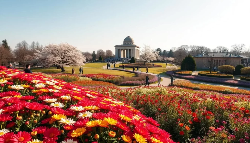 Hiroshima Flower Festival: a vibrant celebration of nature's beauty. In the foreground, a kaleidoscope of vibrant blooms - chrysanthemums, cherry blossoms, and azaleas - fill the air with their delicate fragrances. In the middle ground, visitors stroll along winding paths, taking in the serene atmosphere under the warm, golden sunlight. In the background, the iconic Hiroshima Peace Memorial Park provides a somber yet striking contrast, highlighting the resilience and harmony found in this annual floral showcase. Capture the essence of this festival with a dynamic, photographic-style image that showcases the colorful, lively nature of this beloved Hiroshima tradition.