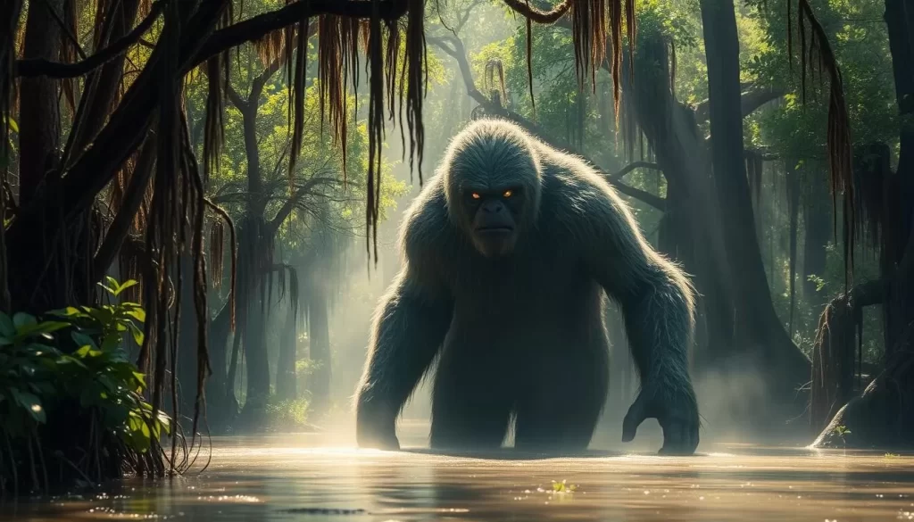 Honey Island Swamp Monster, a mysterious and elusive creature lurking in the lush, verdant marshes of Louisiana. A hulking humanoid figure, covered in thick, matted fur, emerges from the tangled cypress trees and murky waters. Its glowing eyes peer through the misty haze, a sense of ancient power and primal energy radiating from its presence. The swamp is alive, the humid air thick with the scent of decaying vegetation and the distant calls of unseen wildlife. Sunlight filters through the canopy, casting a warm, golden glow on the scene. Capture the legend, the mystique, and the untamed essence of the Honey Island Swamp Monster in all its enigmatic glory.