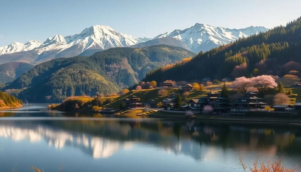 Honshū Island, Japan's main landmass, emerges in a panoramic vista. Snow-capped peaks of the Northern Alps rise majestically in the distance, their rugged grandeur reflected in the mirror-like surface of a tranquil lake in the foreground. Lush green forests cascade down the slopes, interspersed with vibrant bursts of cherry blossoms. In the middle ground, a traditional Japanese village nestles amidst terraced rice paddies, its pagoda-style roofs and quaint streets evoking a timeless serenity. Warm sunlight bathes the scene, casting long shadows and accentuating the depth and texture of the landscape. This idyllic tableau captures the essence of Honshū, Japan's heartland, inviting the viewer to discover its natural wonders and cultural heritage.