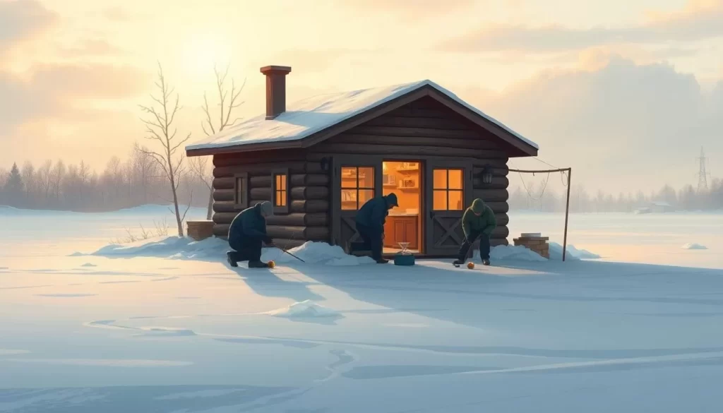 Ice fishing on Lake Winnipeg with a heated shack