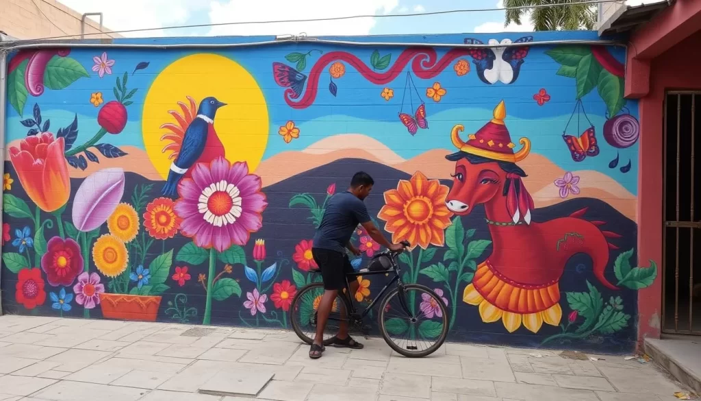 Image generation prompt: A colorful mural in Concepción de Ataco, El Salvador, depicting local folklore.