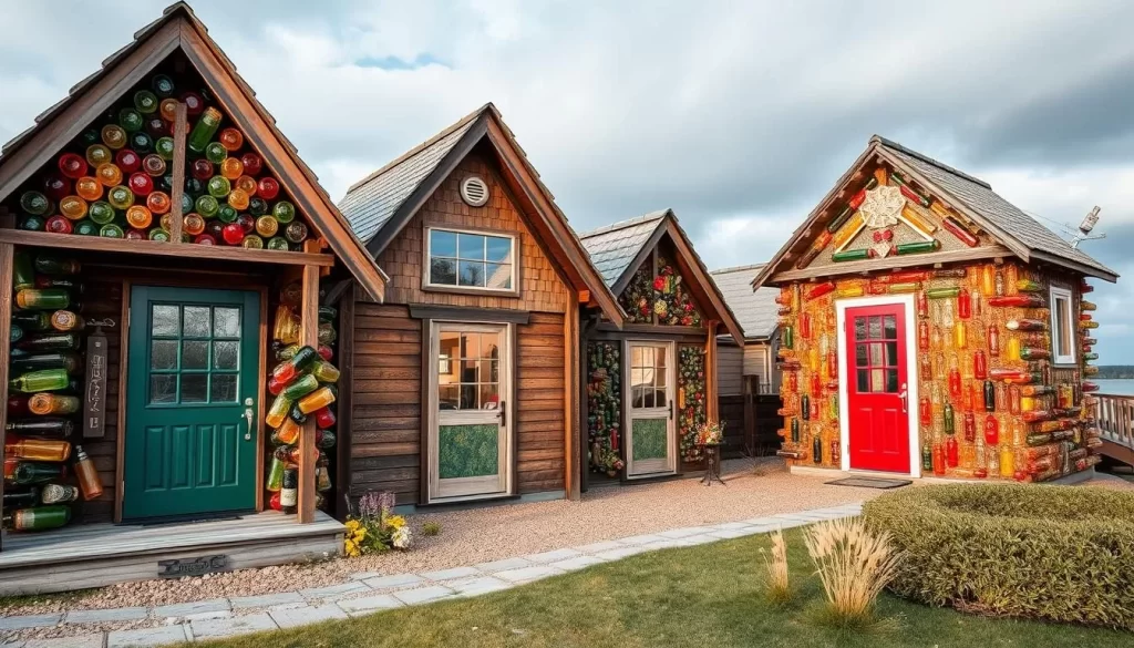 Image generation prompt: A colorful photo of The Bottle Houses on Prince Edward Island, showcasing the creative use of glass bottles in the architecture.