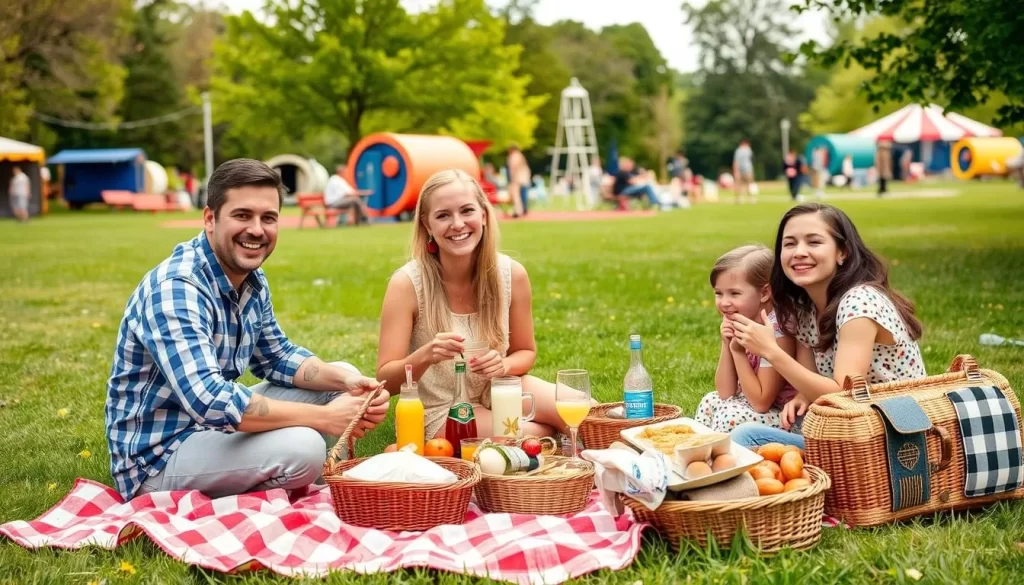 Image generation prompt: A family enjoying a picnic at Kinetic Park with exhibition grounds in the background.
