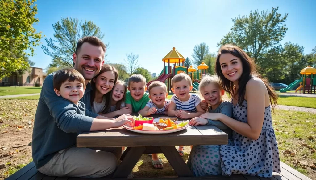 Image generation prompt: A family having a picnic in Elmwood Park with playground equipment in the background.