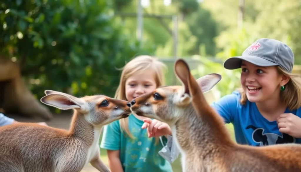 Image generation prompt: A family interacting with kangaroos at Kentucky Down Under Adventure Zoo.