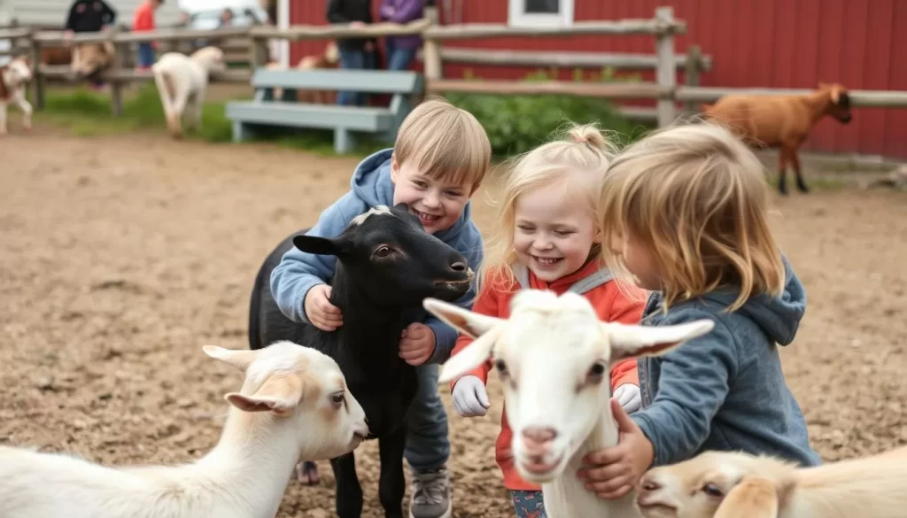 Image generation prompt: A heartwarming photo of children interacting with goats at Beach Goats on Prince Edward Island.