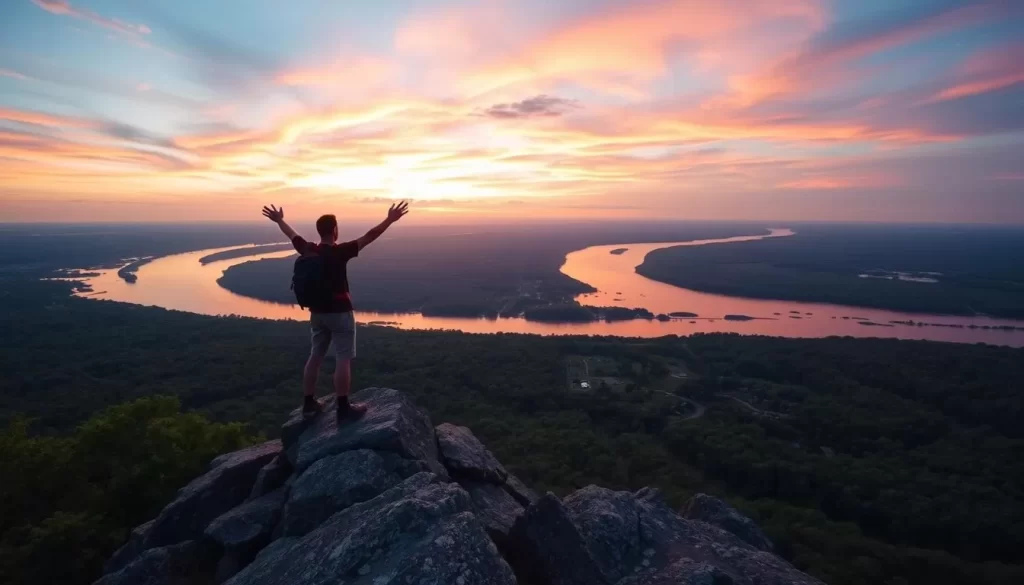 Image generation prompt: A hiker standing at the summit of Sugar Loaf Bluff, overlooking the Mississippi River valley.
