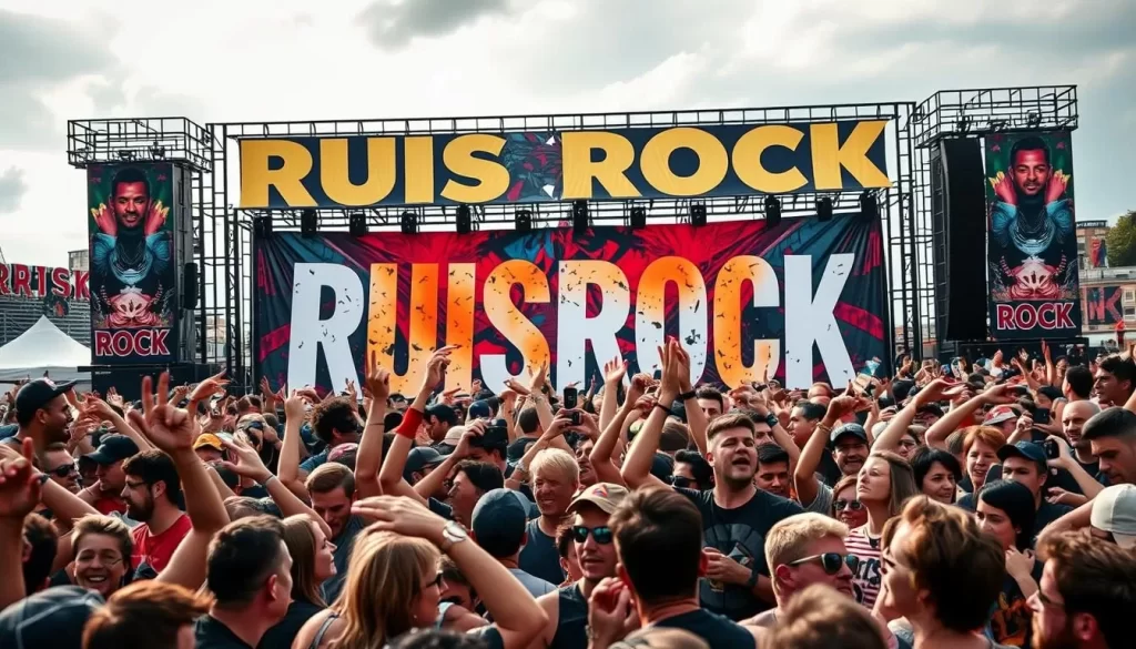 Image generation prompt: A lively scene from Ruisrock Music Festival with a large crowd enjoying a rock performance.