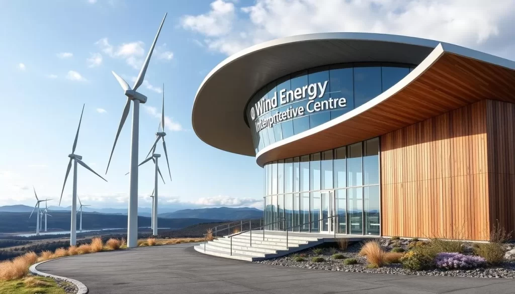 Image generation prompt: A photo of the Wind Energy Interpretive Centre with wind turbines in the background, highlighting the contrast between technology and natural beauty.
