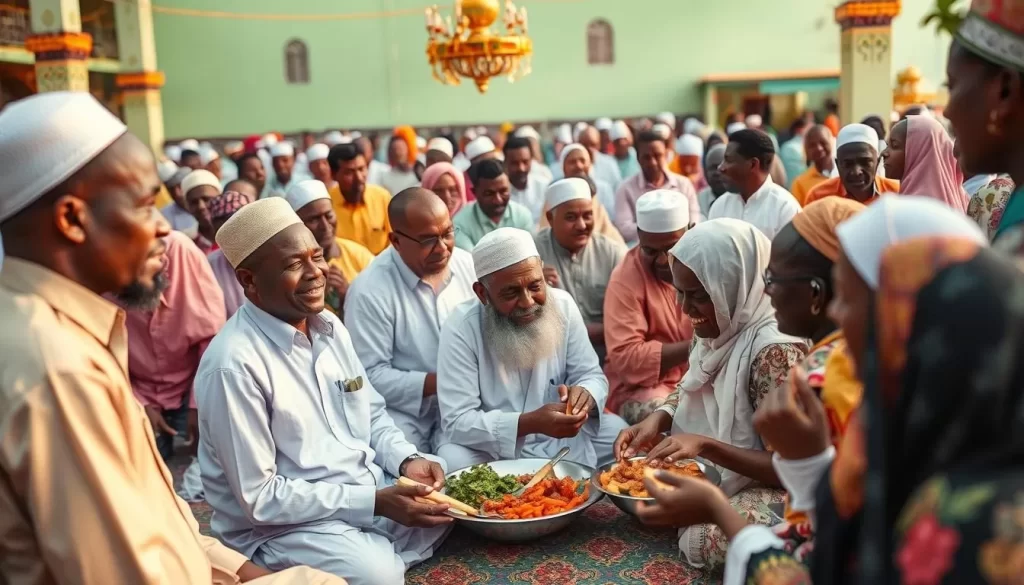 Image generation prompt: A scene of Eid ul Fitr celebrations in Mombasa, with Muslims gathering for prayer, feasting, and community gatherings.
