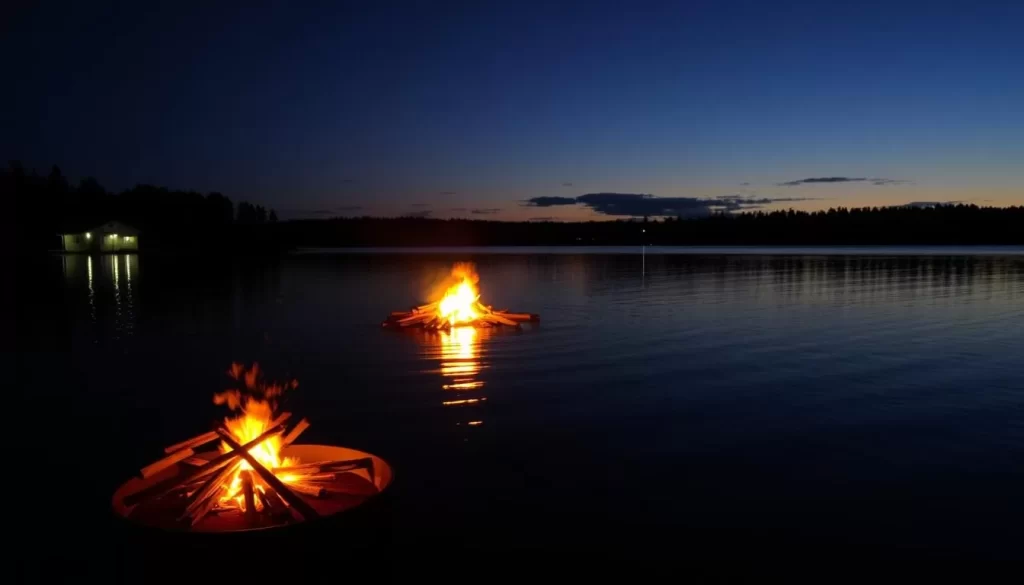 Image generation prompt: A serene Finnish lake scene at midnight with a Midsummer bonfire burning brightly.