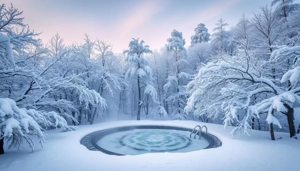 Image generation prompt: A serene winter landscape in Toyama Prefecture with snow-covered trees surrounding a hot spring bath.
