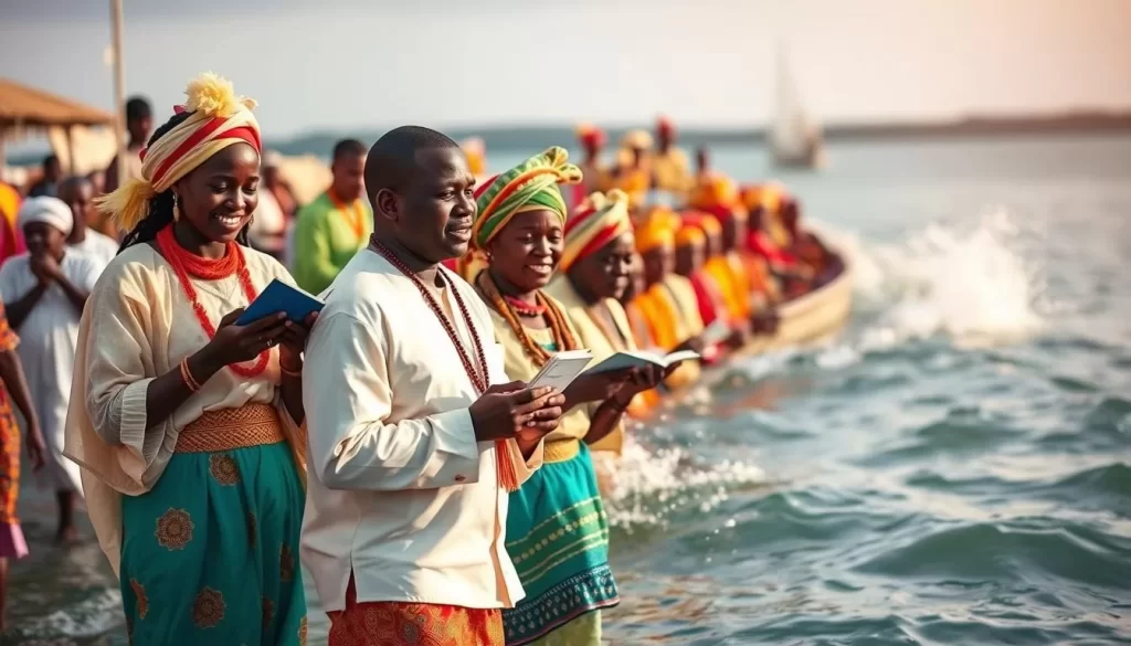 Image generation prompt: A vibrant scene of the Maulidi Festival in Lamu, with participants in traditional attire, poetry recitals, and dhow races.