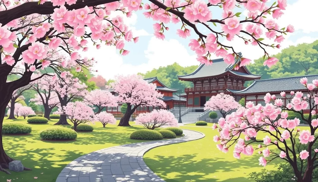 Image generation prompt: Kenrokuen Garden during cherry blossom season