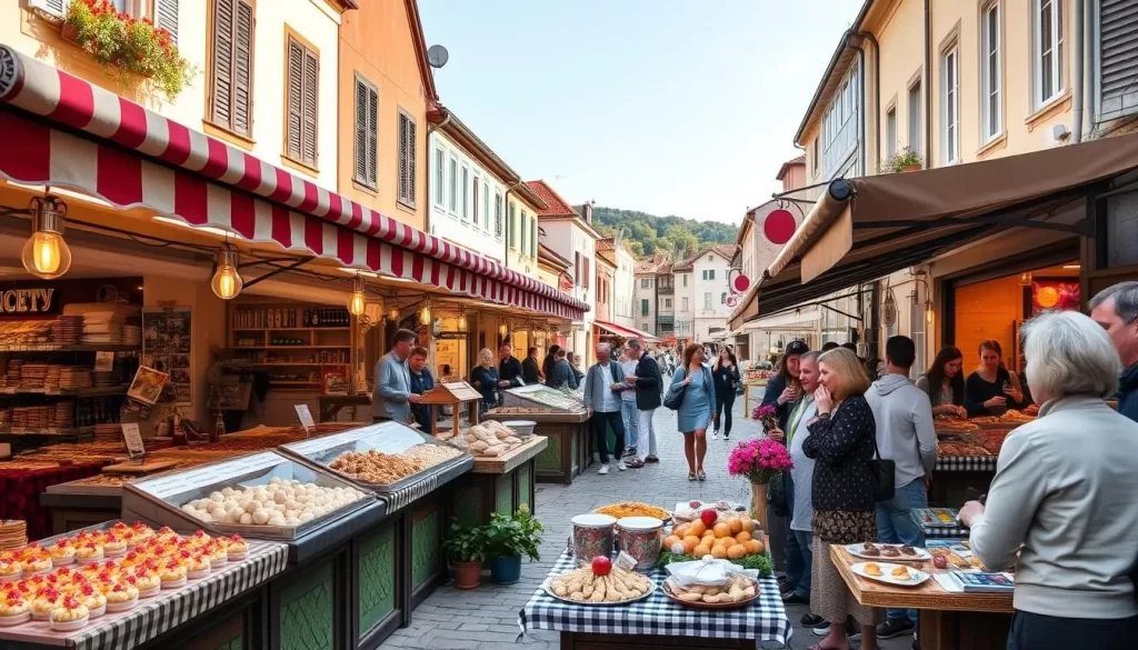 Image generation prompt: Koper's coastal town with stalls selling local desserts, artisan sweets, and seafood, and people enjoying regional wines
