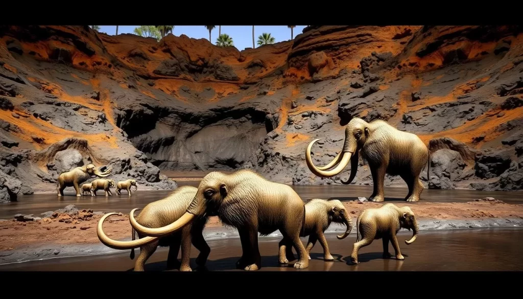 Image generation prompt: La Brea Tar Pits with Pit 91 excavation and mammoth family sculpture