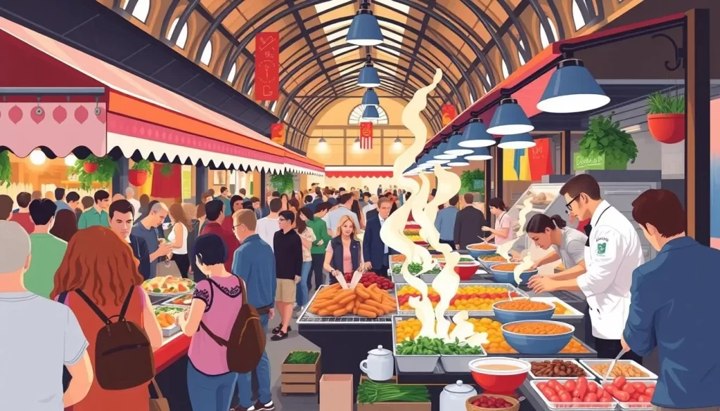 Image generation prompt: Ljubljana's central market bustling with people, food stalls, and chefs preparing dishes