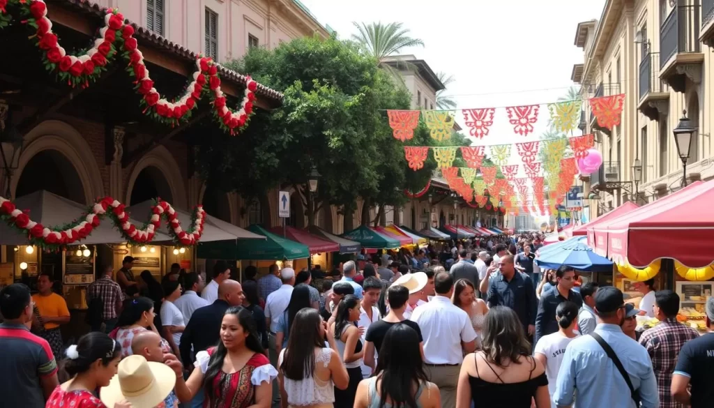 Image generation prompt: Olvera Street during a free cultural event, with people enjoying traditional Mexican music and dance.