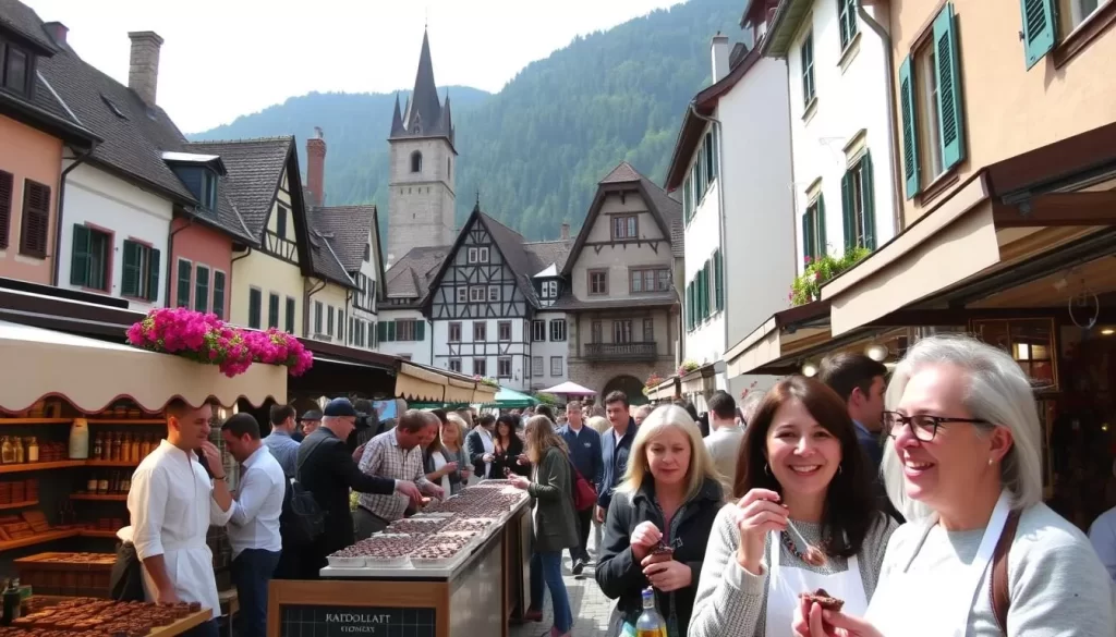 Image generation prompt: Radovljica's medieval town filled with chocolate stalls, chocolate makers, and people indulging in chocolate